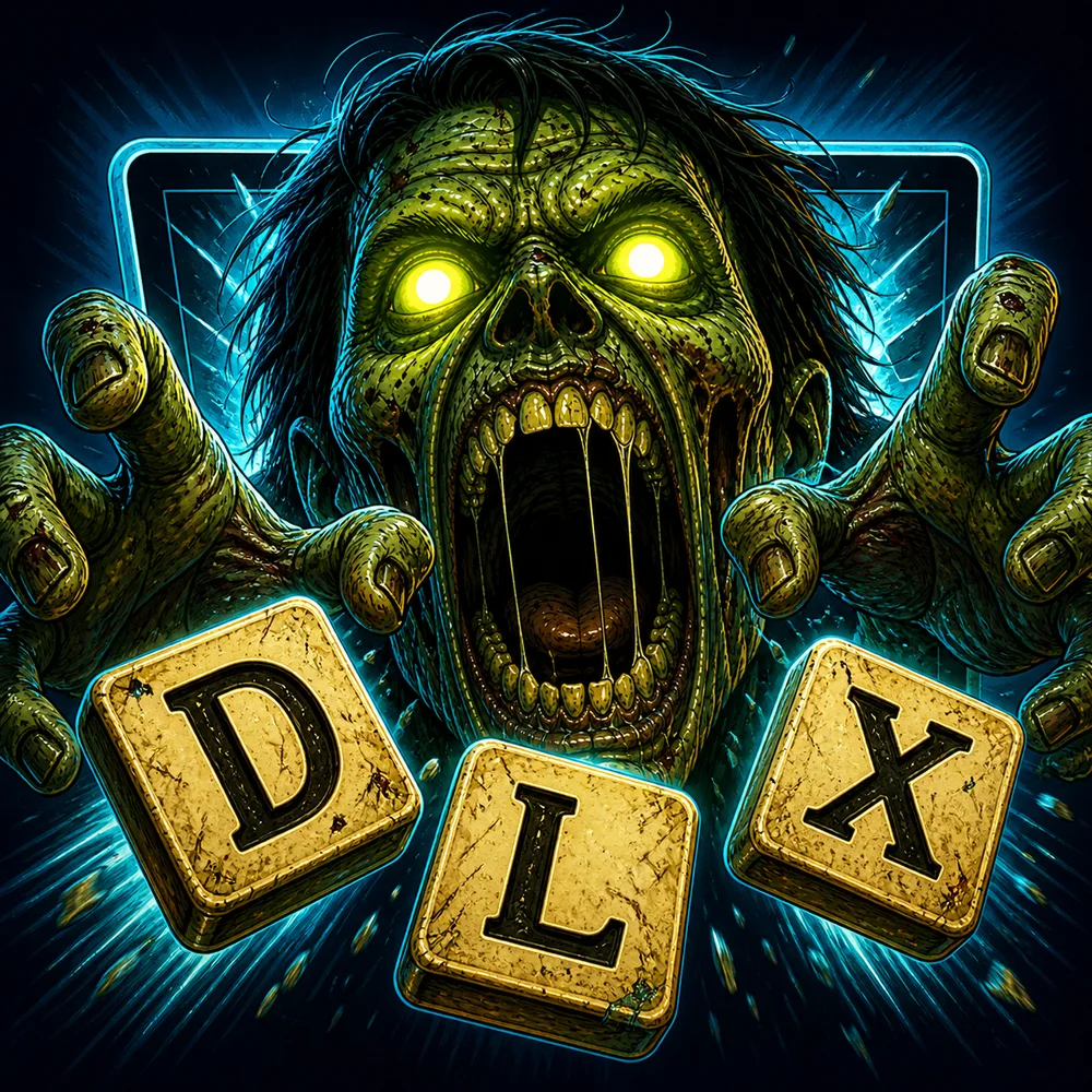 Dead Letters artwork: a zombie lunging over the letter tiles D, L and X