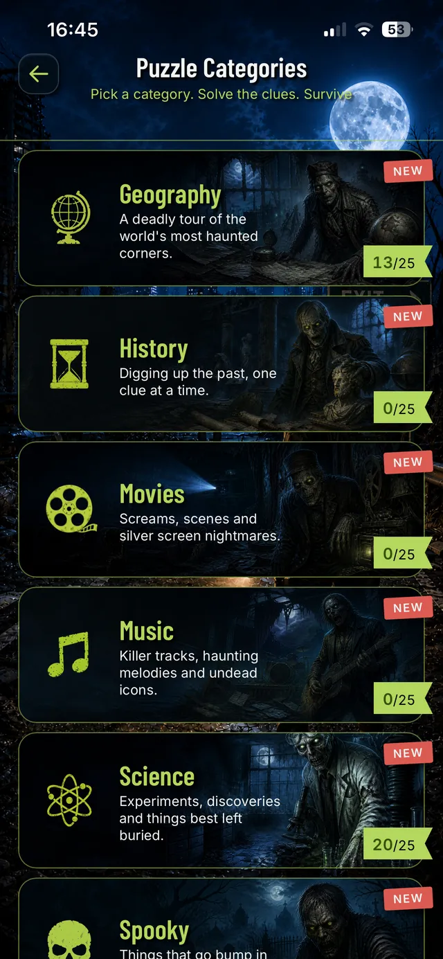 The puzzle category browser on an iPhone, showing Geography, History, Movies and Music