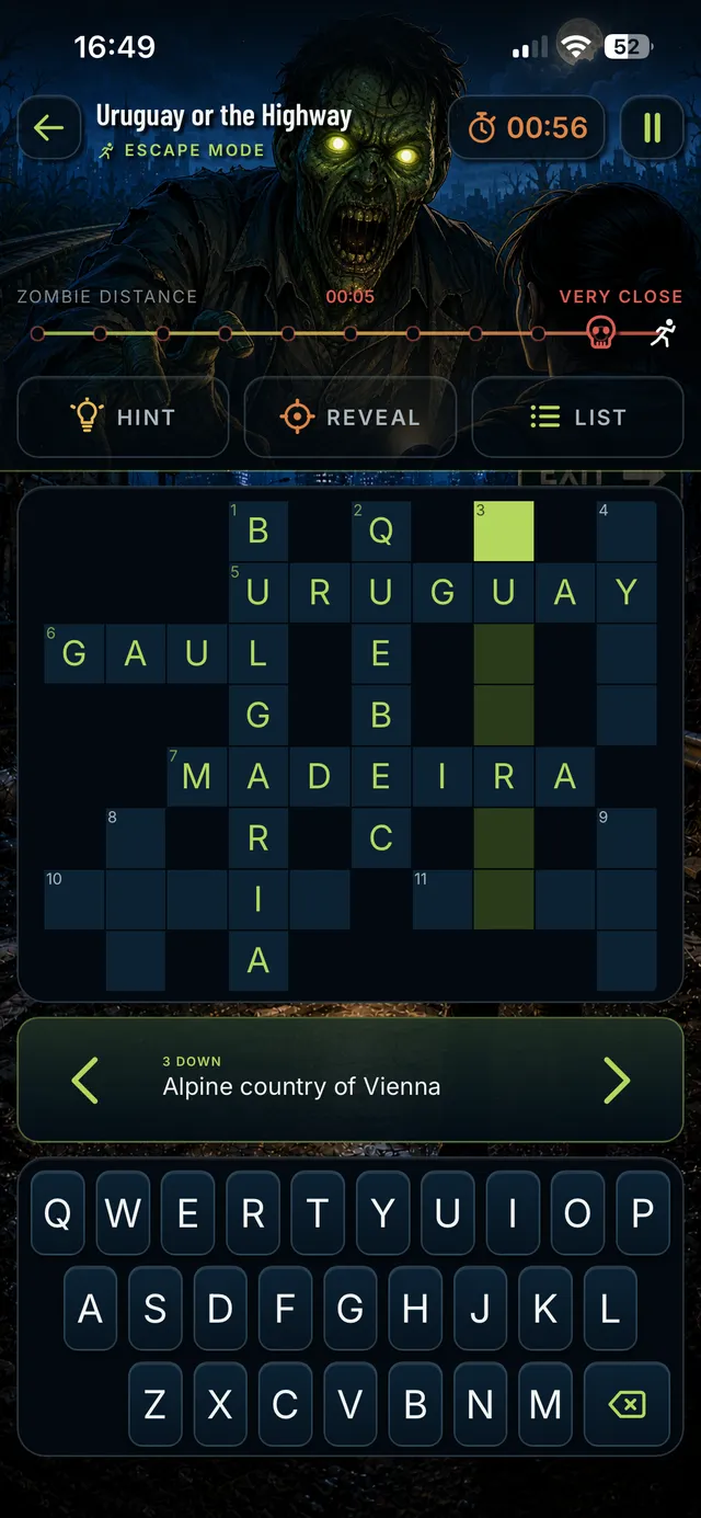 Escape Mode on an iPhone: the crossword mid-solve, the timer running and the zombie very close