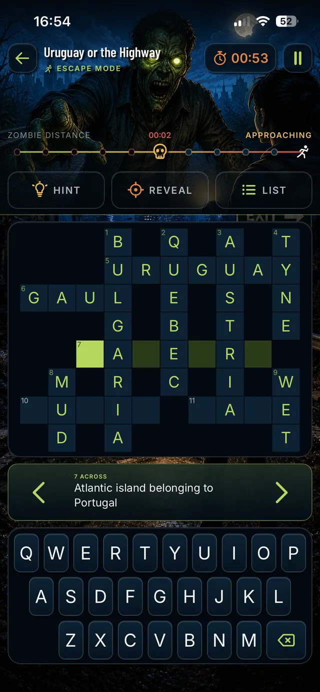 The Hint and Reveal controls on an iPhone, with the zombie deep into the distance meter
