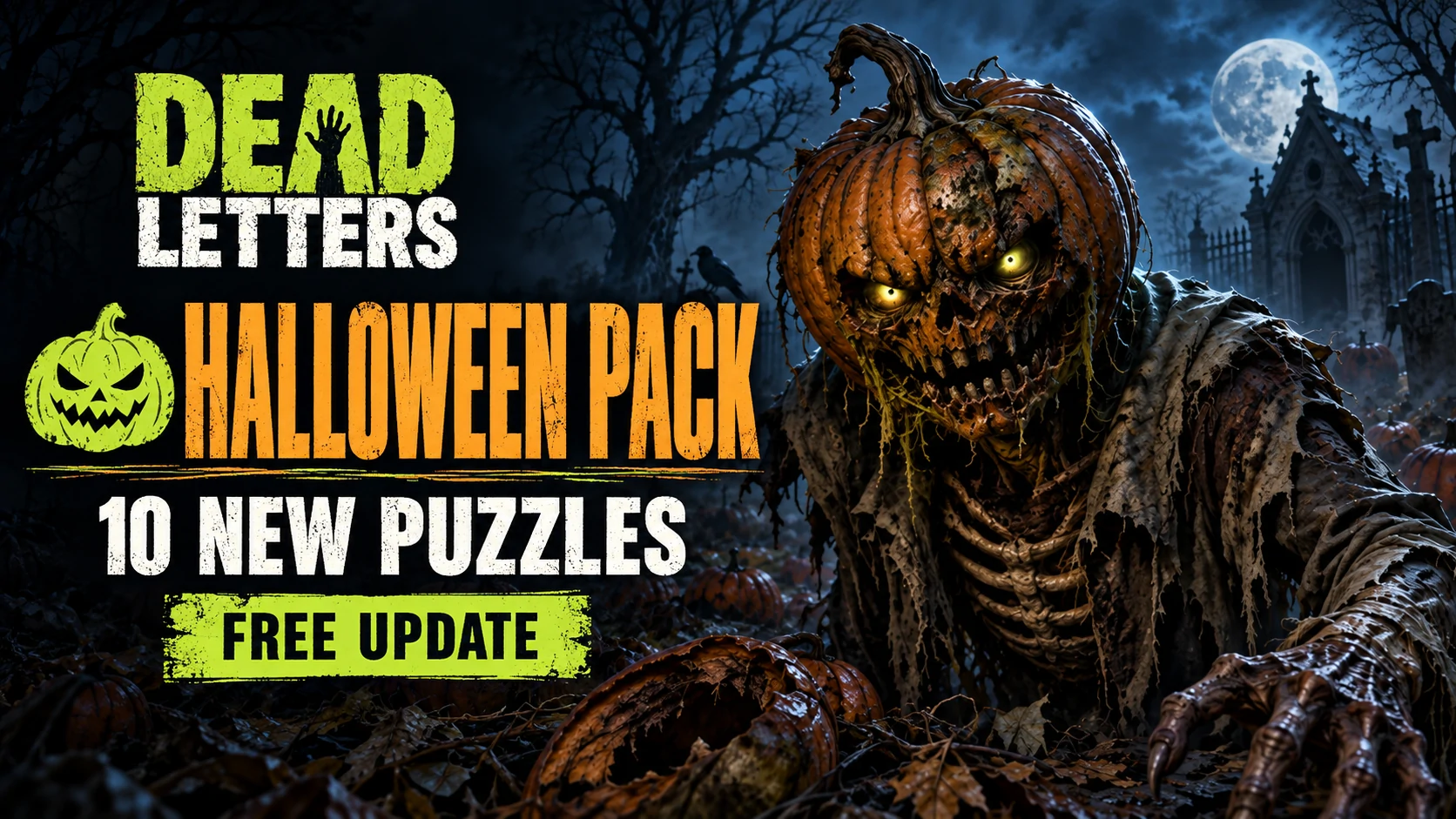 Dead Letters Halloween Pack — 10 new puzzles, free update. A pumpkin-headed creature looms in a moonlit graveyard.